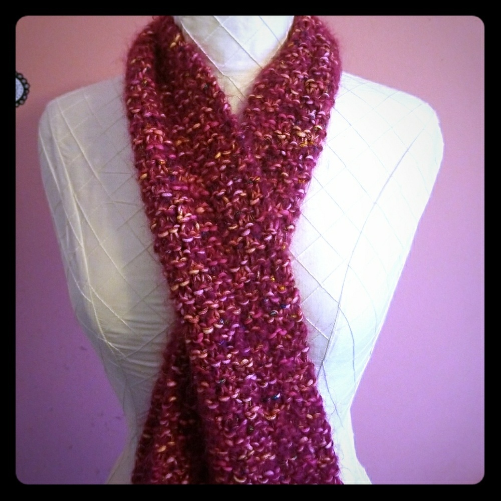 Hand Knit Long Pink Fuzzy Scarf